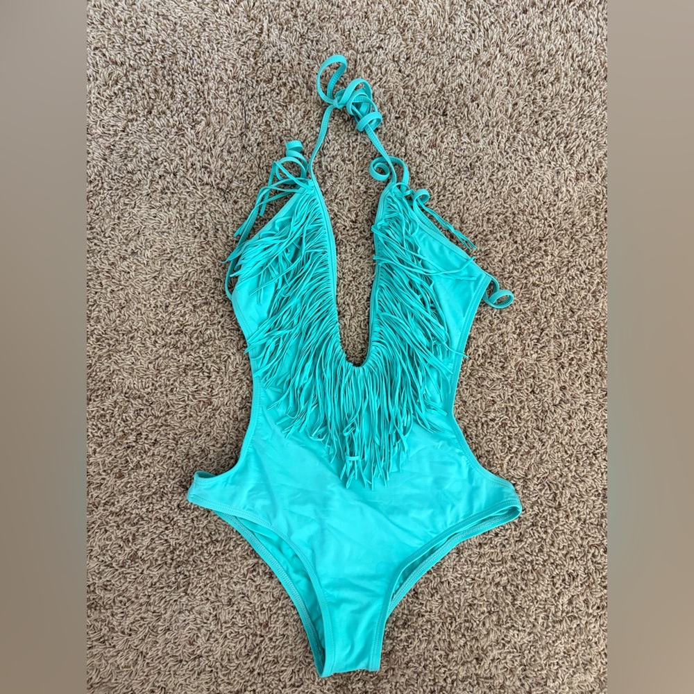 L*Space Turquoise Fringe One Piece Swimsuit